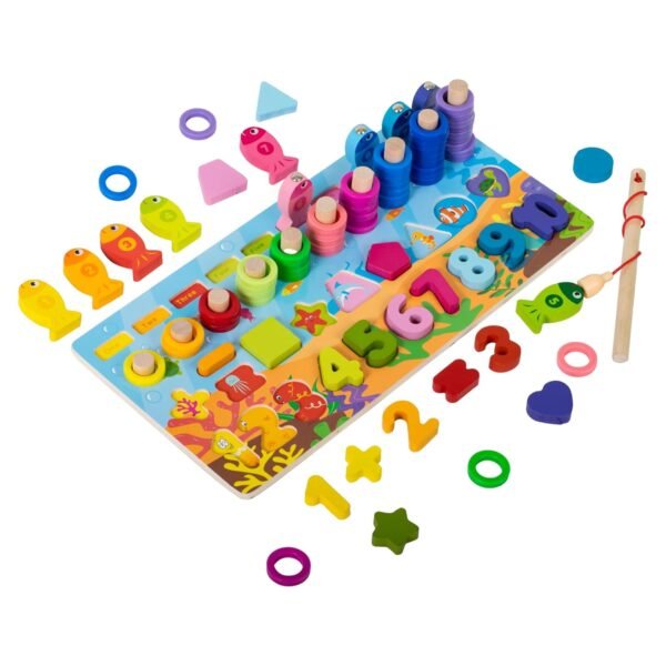 WISHKEY Wooden 6 in 1 Multifunctional Learning Board Puzzle, Numbers, Shapes, Fishing Game, Stacking, Montessori Game Educational Toys for Kids, Multicolour, 3+ Years (Pack of 1)