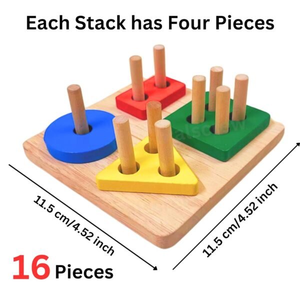 Wooden Square Base Geometric Blocks Four Shapes Four Colour Stacker Shape Sorter Column Puzzle for Kids Age 2-6 Years (Wooden Square Base Shapes) - Image 2