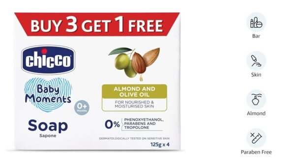Chicco Baby Moments Bathing Soap for Babies with Almond & Olive Oil, 125g (Buy 3 Get 1 Free)| Nourished & Moisturized Skin| No Parabens | Dermatologically Tested on Sensitive Skin - Image 2