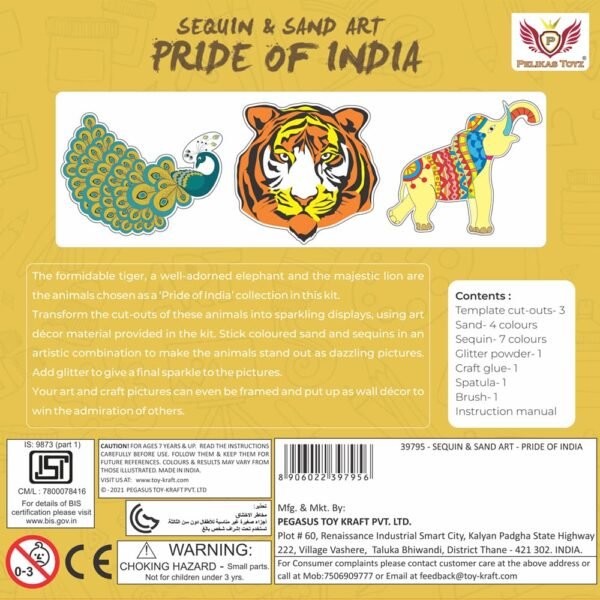 Gift for Girls 5-8 Years Old, Sand Art Kit for Kids, Art and Craft Kit for Girls Boys - Sand & Sequin Art - Pride of India - Tiger, Peacock, Elephant - Image 5