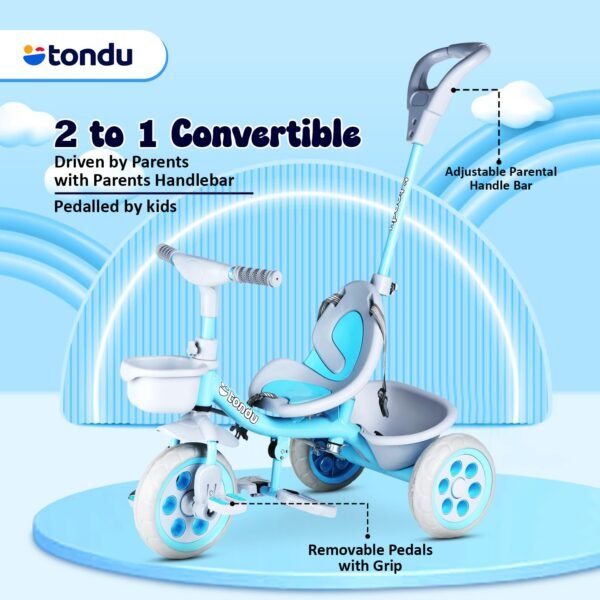 TONDU Kiddo Tricycle for Kids/Baby with Storage Basket | Seat Belt with Parental Control Baby Tricycle (Blue) - Image 4