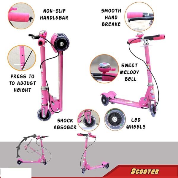 Ixora® Kick Scooter for Kids 3 Wheeler Foldable Kick Skating Cycle with Brake and Bell, LED on Wheels and Height Adjustable for Boys and Girls for 3-7 Years (Pink) - Image 3