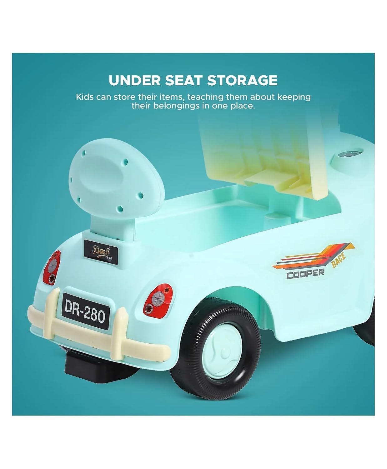 Car Ride-On for Kids with Headlights Music Under Seat Storage Big Wheels and Push Handle Ideal Ride-On for 1+ Years Kids 20kg Capacity Durable Blue Baby Toy Car Green - Image 5