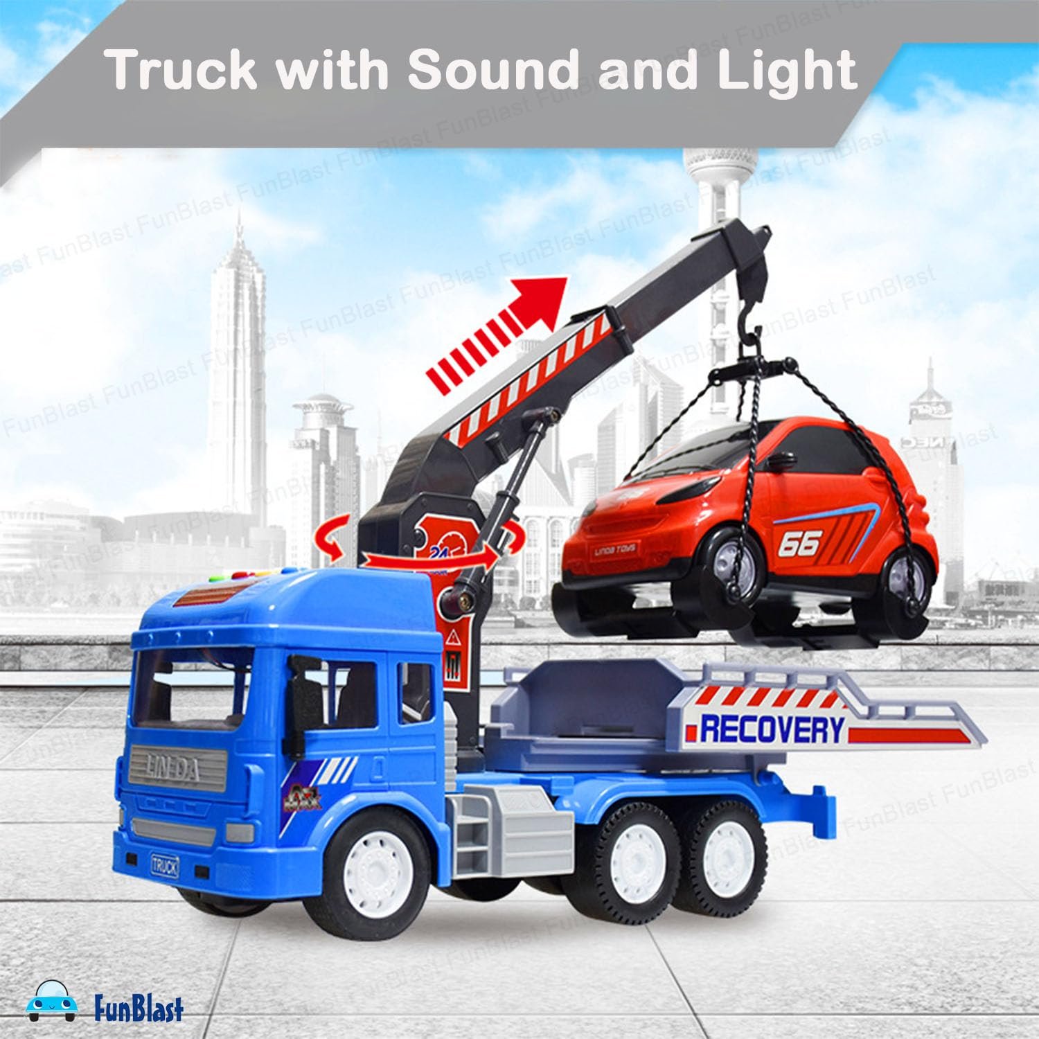 FunBlast Towing Crane Toy for Kids, Friction Power Toy Trucks with Crane and Car for 3+ Years Old Boys and Girls, Light & Sound Truck Toy for Kids with Car (Multicolor) - Image 6