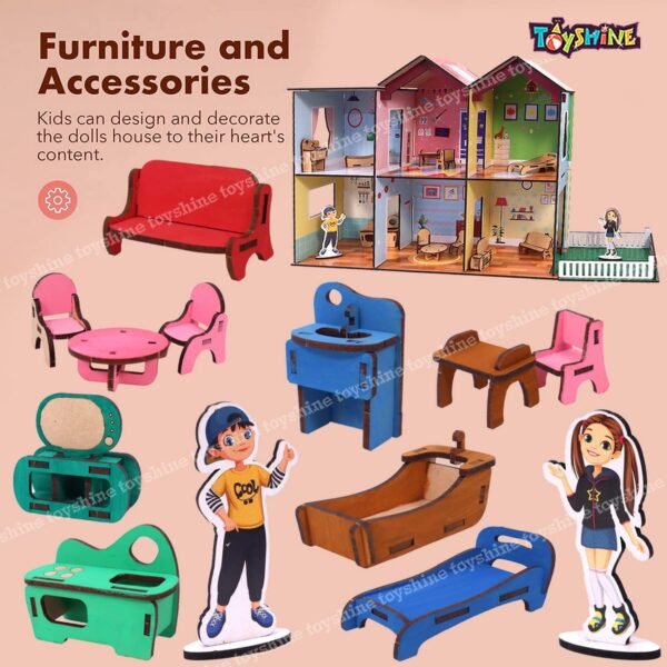 Toyshine Big Size Wooden DIY Doll House for Kids with Furniture, Dolls, Side Garden and Much More! Play House Learning Toy for Girls Boys 3 4 5 6 7 Year Old Birthday Gift Dollhouse - Image 3