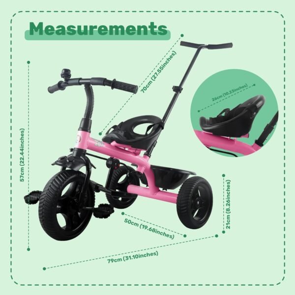 Mini Prima Tricycle for Kids | Tricycle for Kids | Cycle for Kids 1-4 Years | Baby Cycle | Bicycle for Kids with Storage Basket, Cushion Seat and Seat Belt TZ-582 (Pink) - Image 2