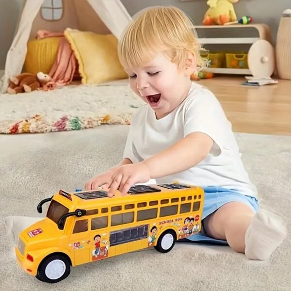 DEOXY School Bus Toy for Kids, Cool Lighting & Soft Music and Openable Doors with 360° Rotating Wheels Movement, Cartoon Style Bus Toy Gift for Kids (Yellow) - Image 2