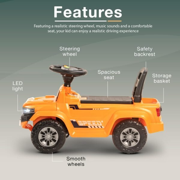 Baybee Speedy Ride on Baby Car for Kids | Ride on Toys Car with Music & LED Light | Portable Push Ride on Jeep with Backrest & Storage Basket | Kids Car to Drive 1-3 Years Boys Girls (Orange II) - Image 4