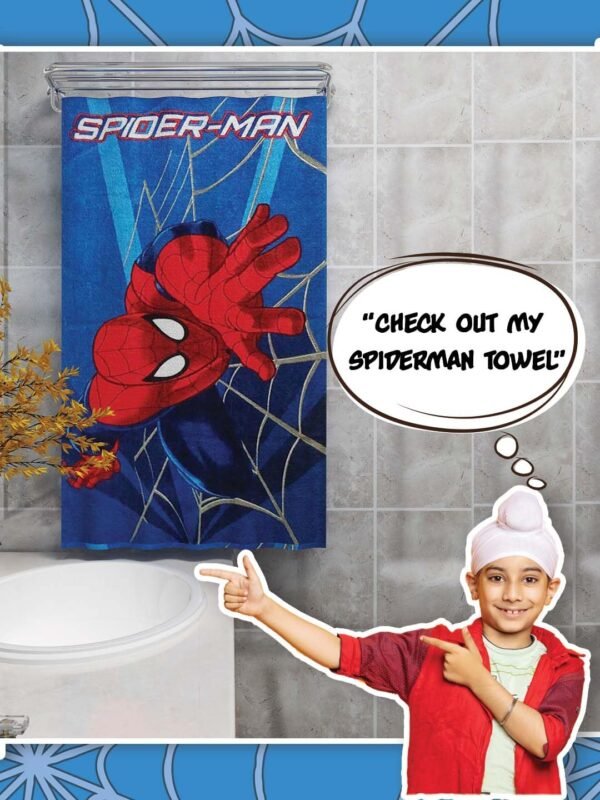 Athom Living Marvel Spider-Man 350 GSM Cotton Bath Towel for Kids & Adults – Soft, Absorbent, Quick-Drying, Blue Color, Superhero Themed Towel - Image 3