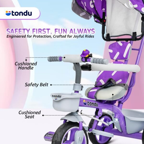 TONDU Tricycles for Kids with Canopy Seat Belt | Storage Basket | Baby Cycle for 1.5 to 4 Years Boy & Girl Tricycle (Purple) - Image 6
