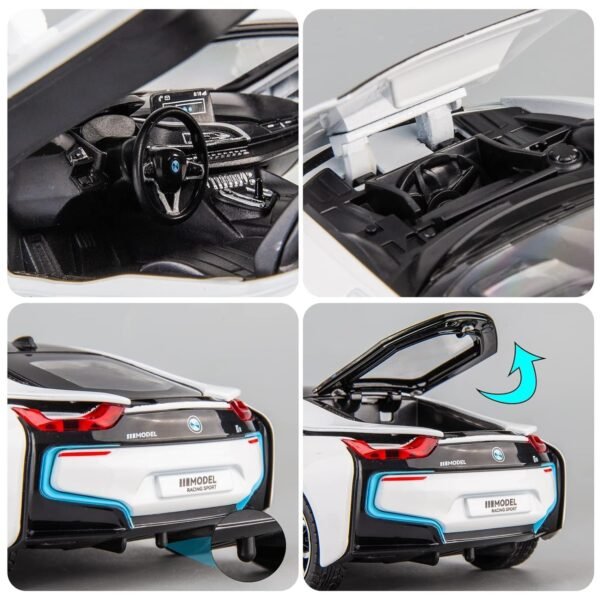 1:24 Diecast Model Alloy BMW I8 Metal Pull Back Car with Sound & Light,4 Openable Doors,Toy Vehicles for Kids Gift[B M W I8-White] - Image 5