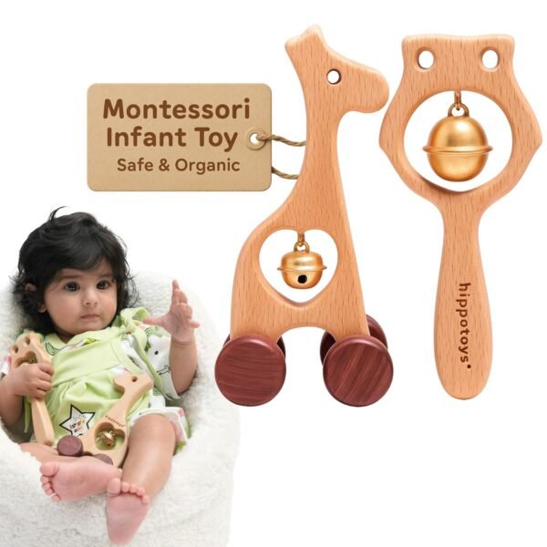 HippoToys Wooden Rattle Set – Baby Toys 0-12 Months, Jhunjhuna for Newborn, Montessori Safe Teething Toys, Handmade Natural Wood Gift for Baby Boys & Girls 3-6 Months, Perfect Baby Shower Gift.