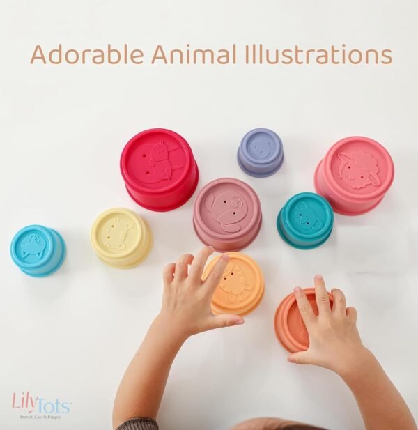 LilyTots™ Silicone Stacking Cups Toy | Soft Chewable Teething Baby Toys for 6 + months babies | 10 pcs Squeezable Stacker Activity for kids 0-3 years Learning & Develop kid\' Reasoning skills (10pcs) - Image 5