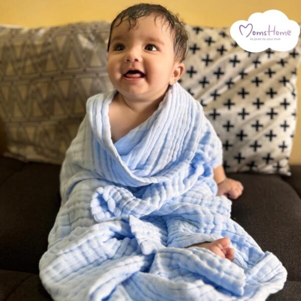 MOM\'S HOME Baby Super Soft Absorbent Muslin 6 Layer wash Towel- 100X100 CM - | 0-3 Years | Blue - Image 4