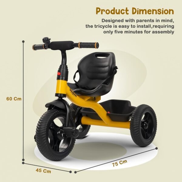 Baybee Hubble Baby Tricycle for Kids | Balanced Baby Trikes with Safety Belt, Eva Wheels & Storage Basket for Toys | Children Bicycle for Kid | Kids Cycle for 2-5 Years Boy Girl (Yellow) - Image 3