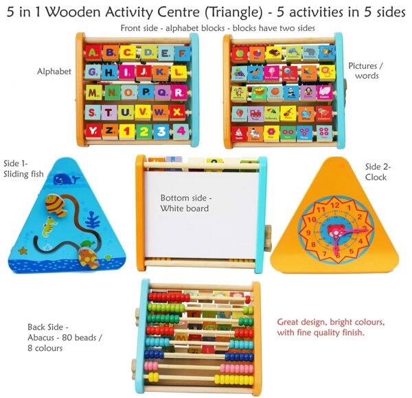 5 in 1 Wooden Activity Triangle Center Cube Alphabet, Blocks, Abacus, Clock, Writing Counting Beads Toys for Babies Montessori Learning Toy for 1-5 Year Old Kids - Image 5