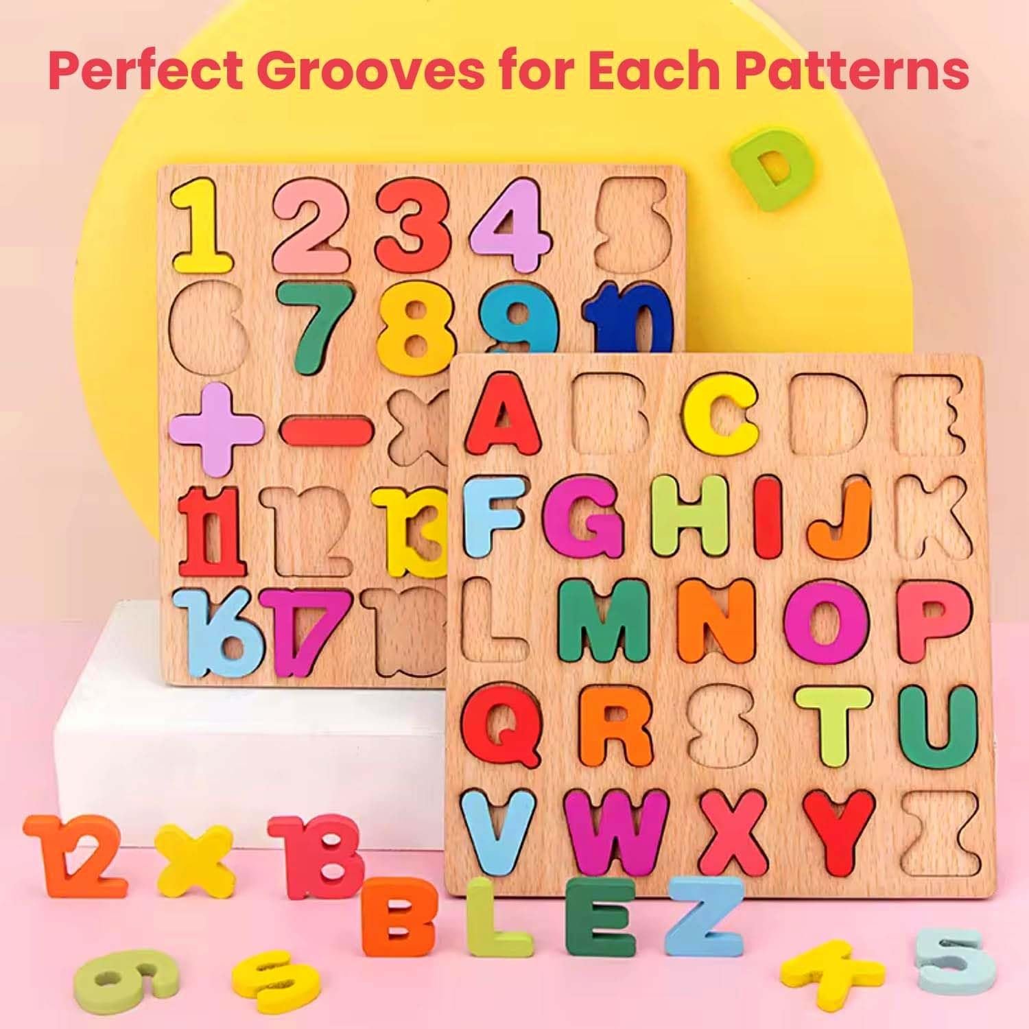 Desi Bazaar & co Wooden Puzzle Set - ABCD Alphabets, Numbers Educational Toy | Learning Board for Toddlers & Preschoolers | Safe Non-Toxic Wood | Durable Perfect for Kids Aged 3-5 Years - Image 4
