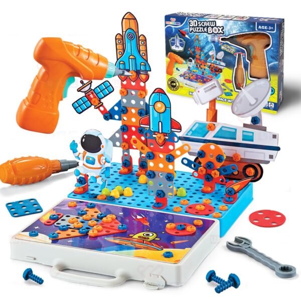 Wembley 4 in 1 Toy Drill Screw Tool Set for Kids 3 4 5 6 7+ 3D Puzzle Box STEM Learning DIY Building Block Kit Creativity Educational Construction Promotes Motor Skills - Space Theme