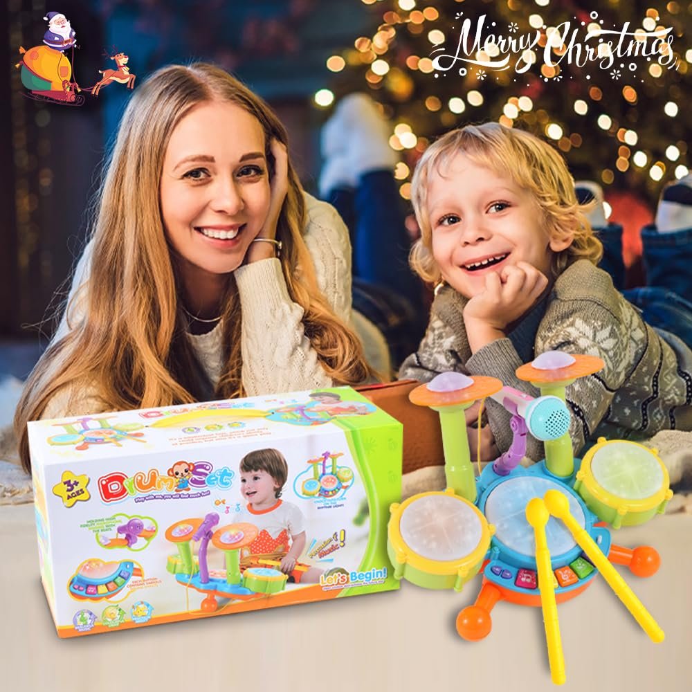 Kids Drum Kit, Toddler Drum Kit 1-3 with 2 Drumsticks, Flash Light and Adjustable Microphone, Birthday Gifts for Boys Girls 1-6 Years Old - Image 2