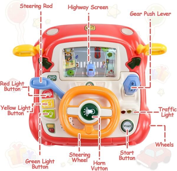 Light & Musical Steering Wheel Toy for Toddlers 1-3 Years -Simulation Driving Car Toy- Fine Motor Skills Toy- Early Education Birthday Gifts for Kids (Pink) - Image 5