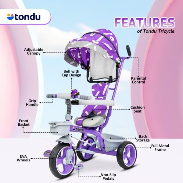 TONDU Tricycles for Kids with Canopy Seat Belt | Storage Basket | Baby Cycle for 1.5 to 4 Years Boy & Girl Tricycle (Purple) - Image 3