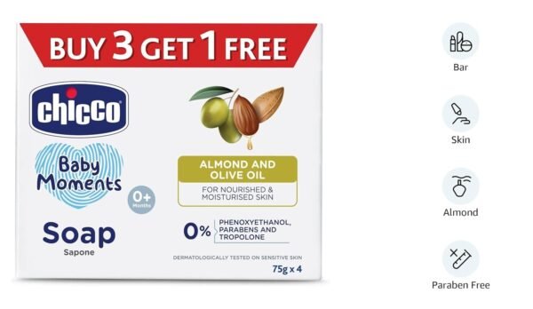 Chicco Baby Moments Bathing Soap for Babies with Almond & Olive Oil, 75g (Buy 3 Get 1 Free)| Nourished & Moisturized Skin| No Parabens | Dermatologically Tested on Sensitive Skin - Image 2