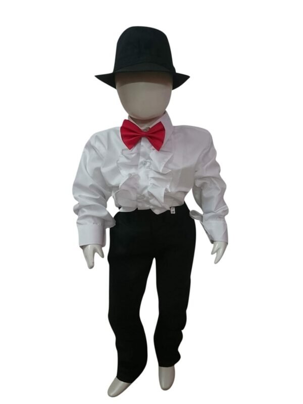 BookMyCostume Ballroom Western Dance White Frill Shirt Black Pant Hat & Bow Set Kids Fancy Dress Costume