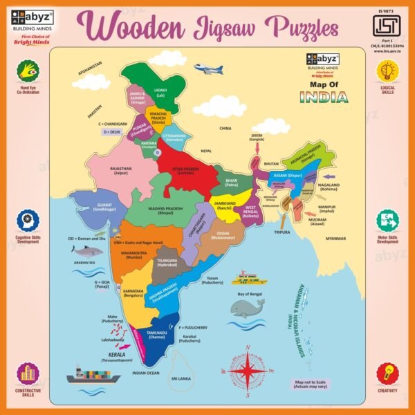ABYZ India Map Wooden Jigsaw Puzzles - Geography for Kids Educational Toys for Learning Puzzles Suitable for Children Ages 4-8 - Fun & Challenging Brain Booster Games Focus and Memory for Boys & Girls - Image 3