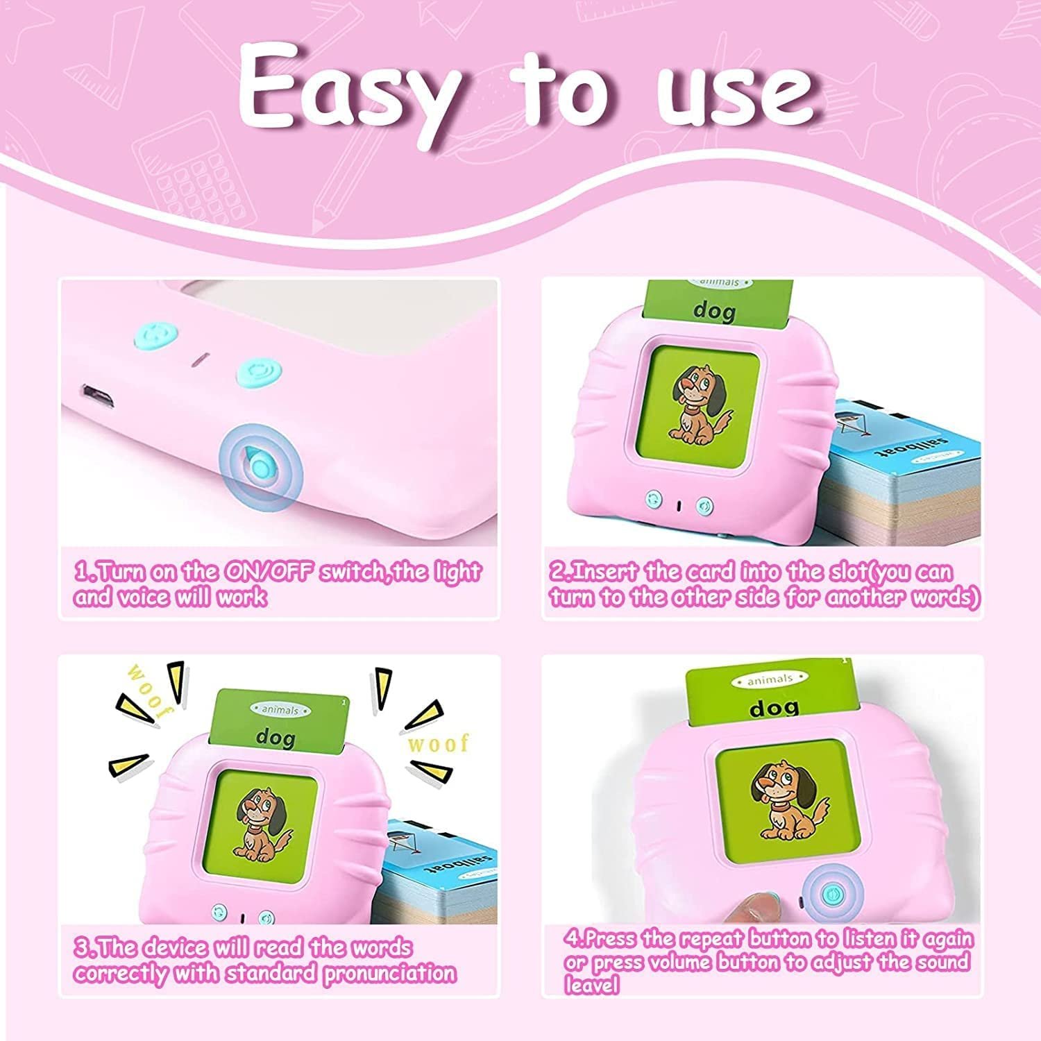 FunBlast Talking Flash Cards for Kids, Learning Toys for Kids, English Flash Cards, Montessori Educational Toys for 2-4 Year Old Boys, Girls -112 Double Sided Card (Pink) - Image 5