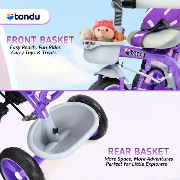 TONDU Tricycles for Kids with Canopy Seat Belt | Storage Basket | Baby Cycle for 1.5 to 4 Years Boy & Girl Tricycle (Purple) - Image 5