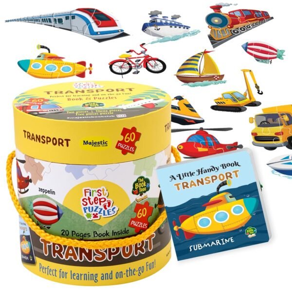 Transport Puzzle Box for Kids - 60 Piece Transport Jigsaw & Toddler Puzzles with 1 Board Book-Educational Toy for Cognitive Development | Return & Birthday Gifts by Majestic Book Club