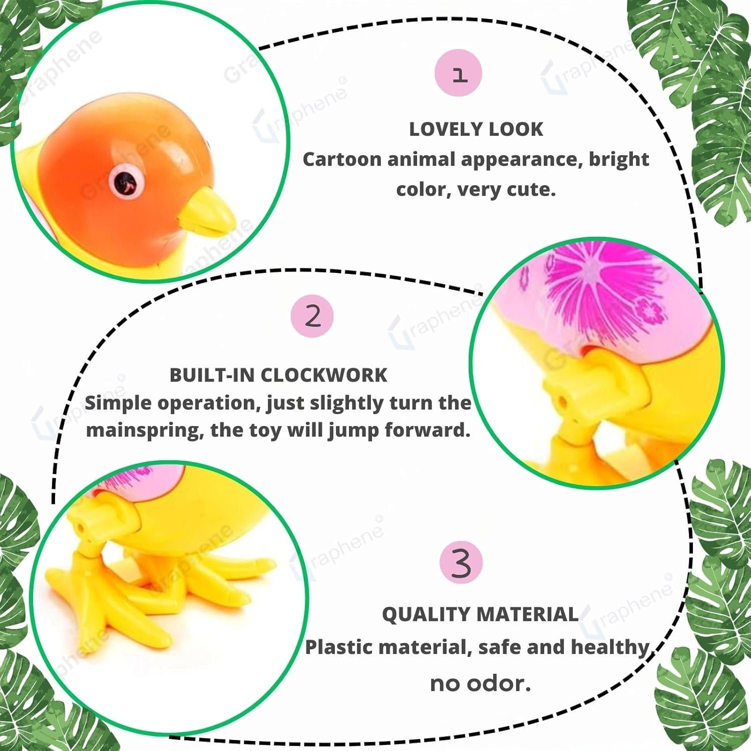 GRAPHENE Wind-Up Key Operated Jumping Animal & Bird Toys for Kids – Duck, Monkey, Dinosaur, Sparrow Moving Crawling Toys for Toddlers & Infants (1-5 Years) – Multicolor Set of 3 - Image 3