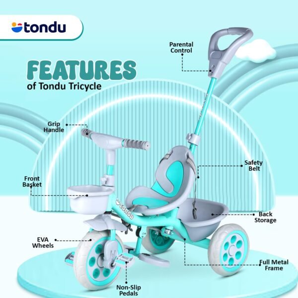 TONDU Kiddo Tricycle for Kids/Baby with Storage Basket | Seat Belt with Parental Control Baby Tricycle (Sea Green) - Image 3