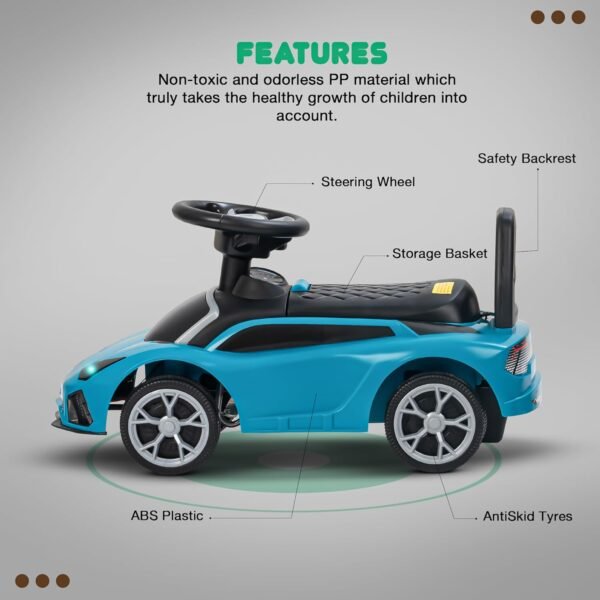 Baybee Mini Lambo Baby Ride on Cars for Kids | Push Ride on Baby Car with Safety Backrest, Storage, Lights & Music | Baby Toys Big Kids Car | Push Ride on Kids Cars for 1 to 3 Years Boys Girls (Cyan) - Image 4