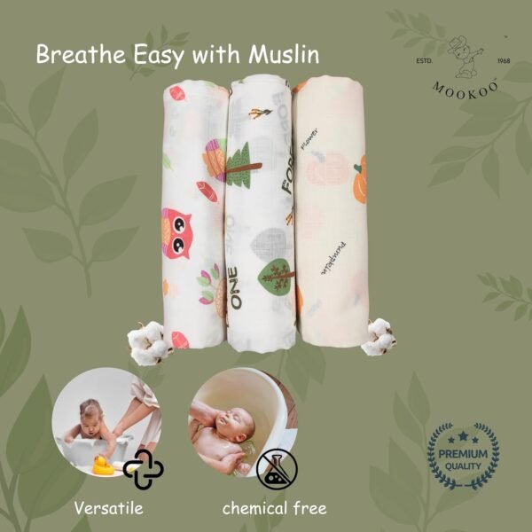 Baby Muslin Bath Towel for Newborn Baby | Gentle & Ultra-Absorbent | Muslin Cloth Bath Towel for Newborns | Bat-Pumpkin-Owl Design | Pack of 3 | - Image 4