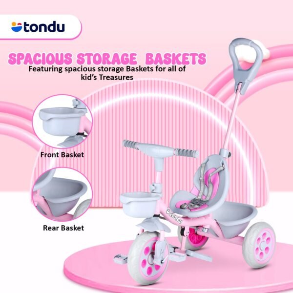 TONDU Kiddo Tricycle for Kids/Baby with Storage Basket | Seat Belt with Parental Control Baby Tricycle (Pink) - Image 4