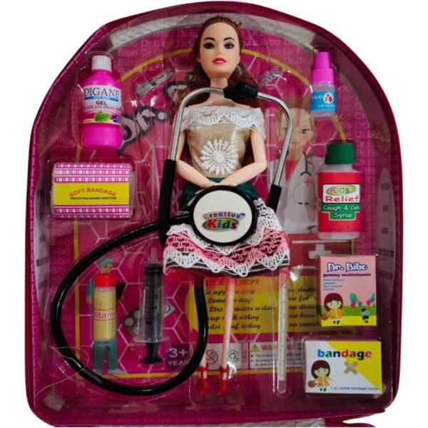 ABYZ Dr Bibo Dolls Play Set with Golden Flower Dress, Medical Accessories and Carrying Bag, Age 3-5 Years, Multicolor