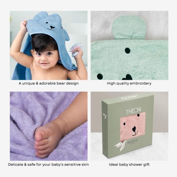 THEONI Hooded Bamboo Towel for Kids – Ultra Soft & Super Absorbent Cotton Towel, Breathable and Skin-Friendly, Perfect for Newborns, Infants, and Toddlers, 85x85 cm, 400 GSM (Purple) - Image 6