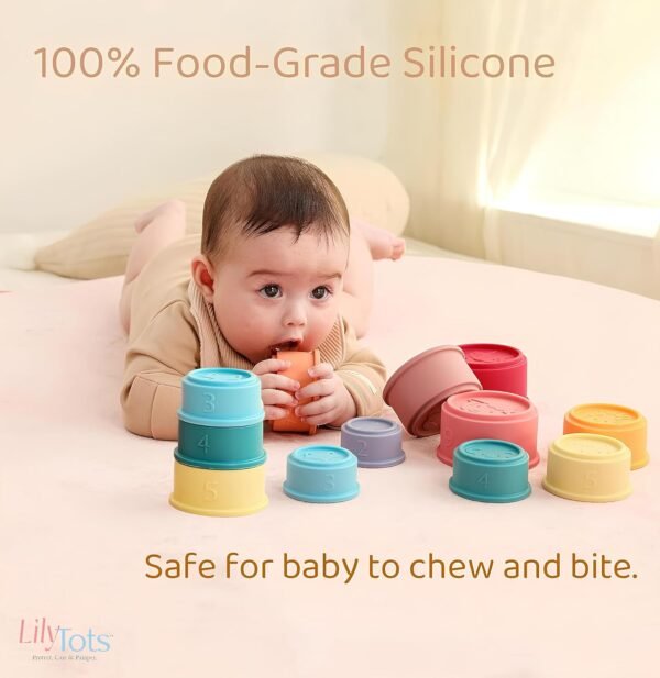 LilyTots™ Silicone Stacking Cups Toy | Soft Chewable Teething Baby Toys for 6 + months babies | 10 pcs Squeezable Stacker Activity for kids 0-3 years Learning & Develop kid\' Reasoning skills (10pcs) - Image 2
