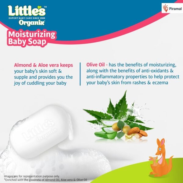 Little\'S Organix Moisturizing Baby Soap |75g (Pack Of 5)| Gentle Bathing Bar Soap with Organic Almond Oil, Olive Oil, Aloe Vera & Neem for Baby\'s Sensitive Skin | Protetcs From 99.9% Germs | Kids Soap - Image 3