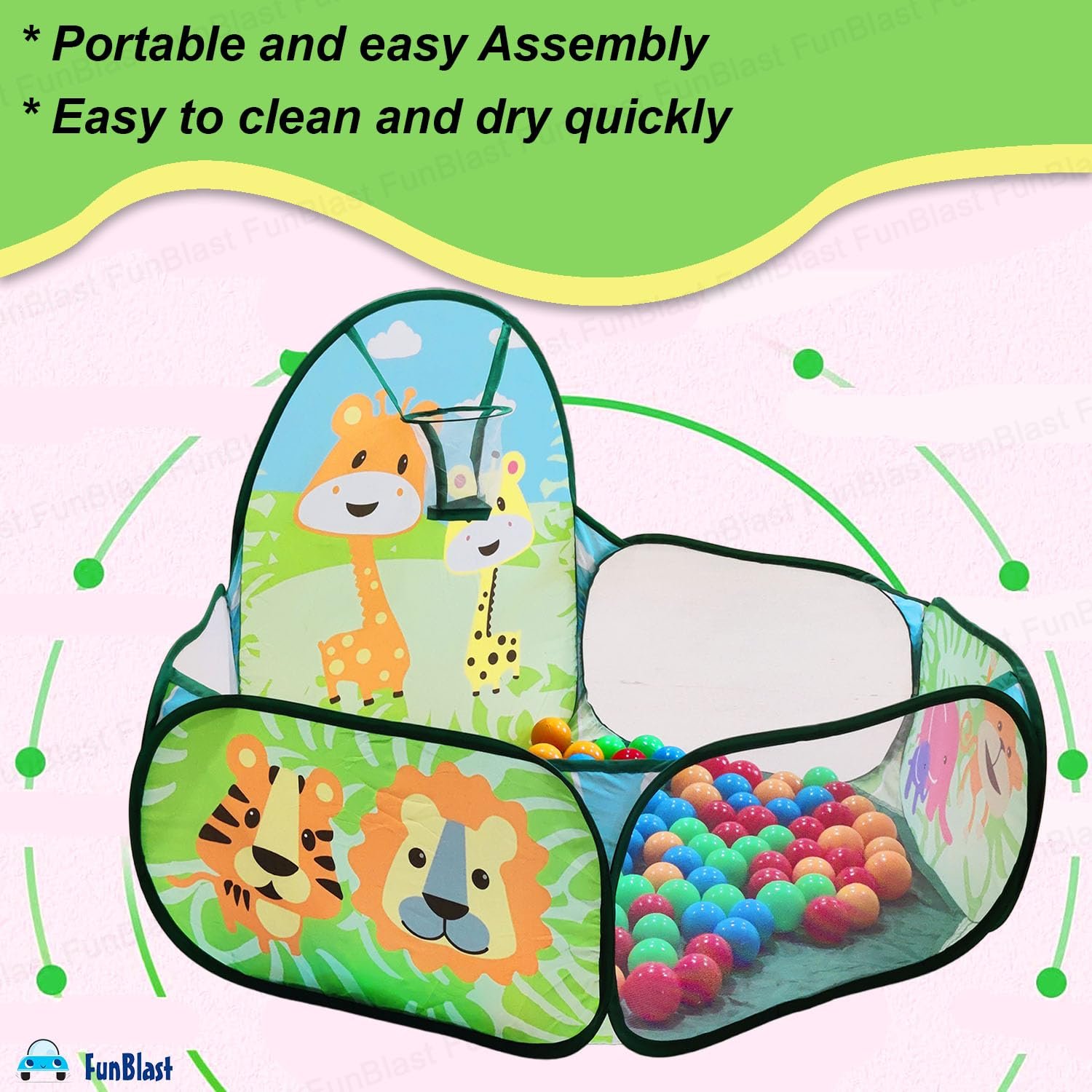 FunBlast Large Size Ball Pool for Kids, Foldable Square Zoo Ball Pool Play Tent Kids, Playground Tent House with 50 Balls – Ball Pool Game for 2-5 Years Old Kids, Boys, Girls (Ball Pool Zoo) - Image 5