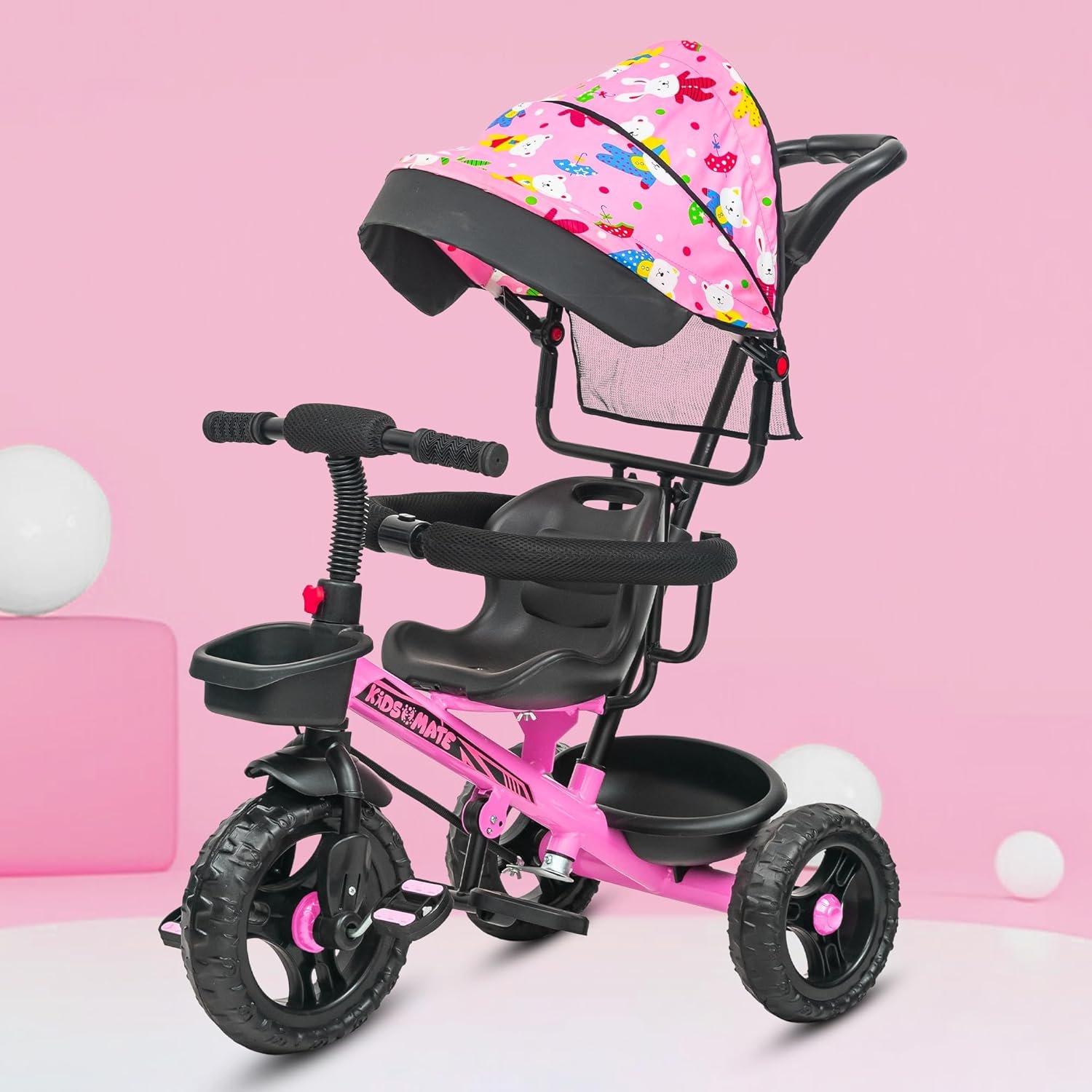 Kidsmate Deluxe 4-in-1 Tricycle for Kids with Adjustable Canopy | Durable Plug & Play Baby Trike with Safety Rail & Push Handle for Parents | Safe & Comfortable Ride for Toddlers 12-48 Months - Pink