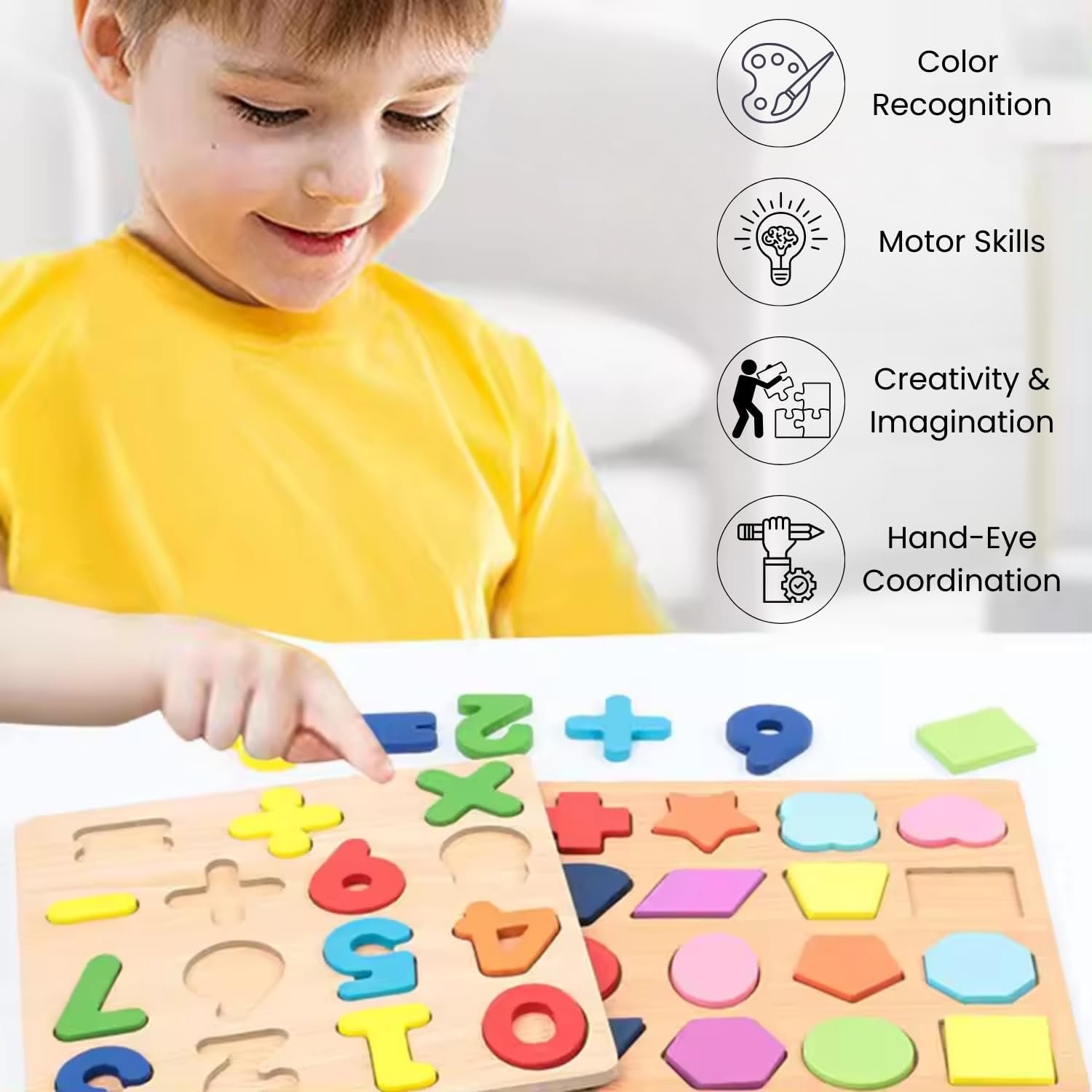 Desi Bazaar & co Wooden Puzzle Set - Shapes & Numbers Educational Toy | Learning Board for Toddlers & Preschoolers | Safe Non-Toxic Wood | Durable Perfect for Kids Aged 3-5 Years