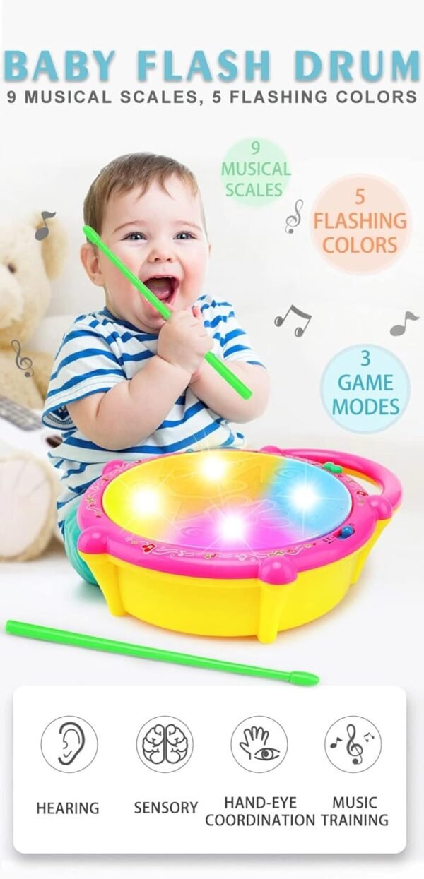 VGRASSP Flash Drum Toy with 2 Mallets for Kids | Multicolor 3D Lights | Dynamic Musical Instrument | Toy for Baby and Toddlers | Battery Operated Toy | for 2 3 4 5 6 Year Old Boys & Girls - Image 4