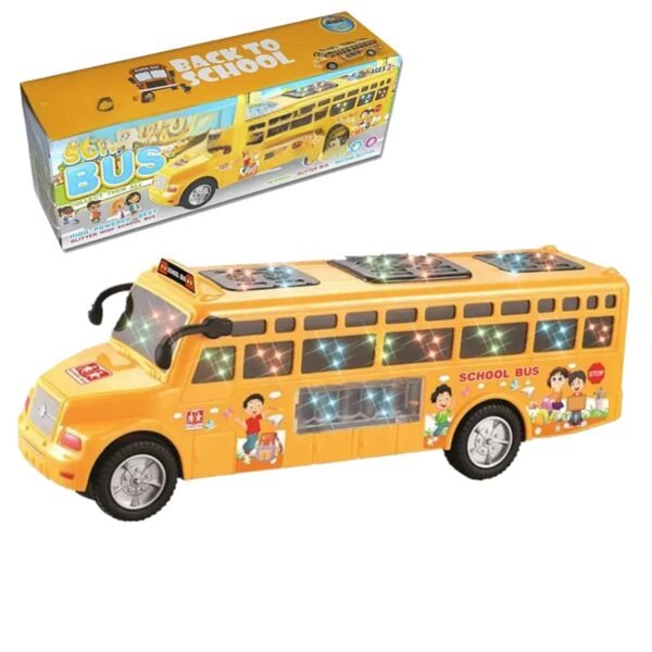 DEOXY School Bus Toy for Kids, Cool Lighting & Soft Music and Openable Doors with 360° Rotating Wheels Movement, Cartoon Style Bus Toy Gift for Kids (Yellow)
