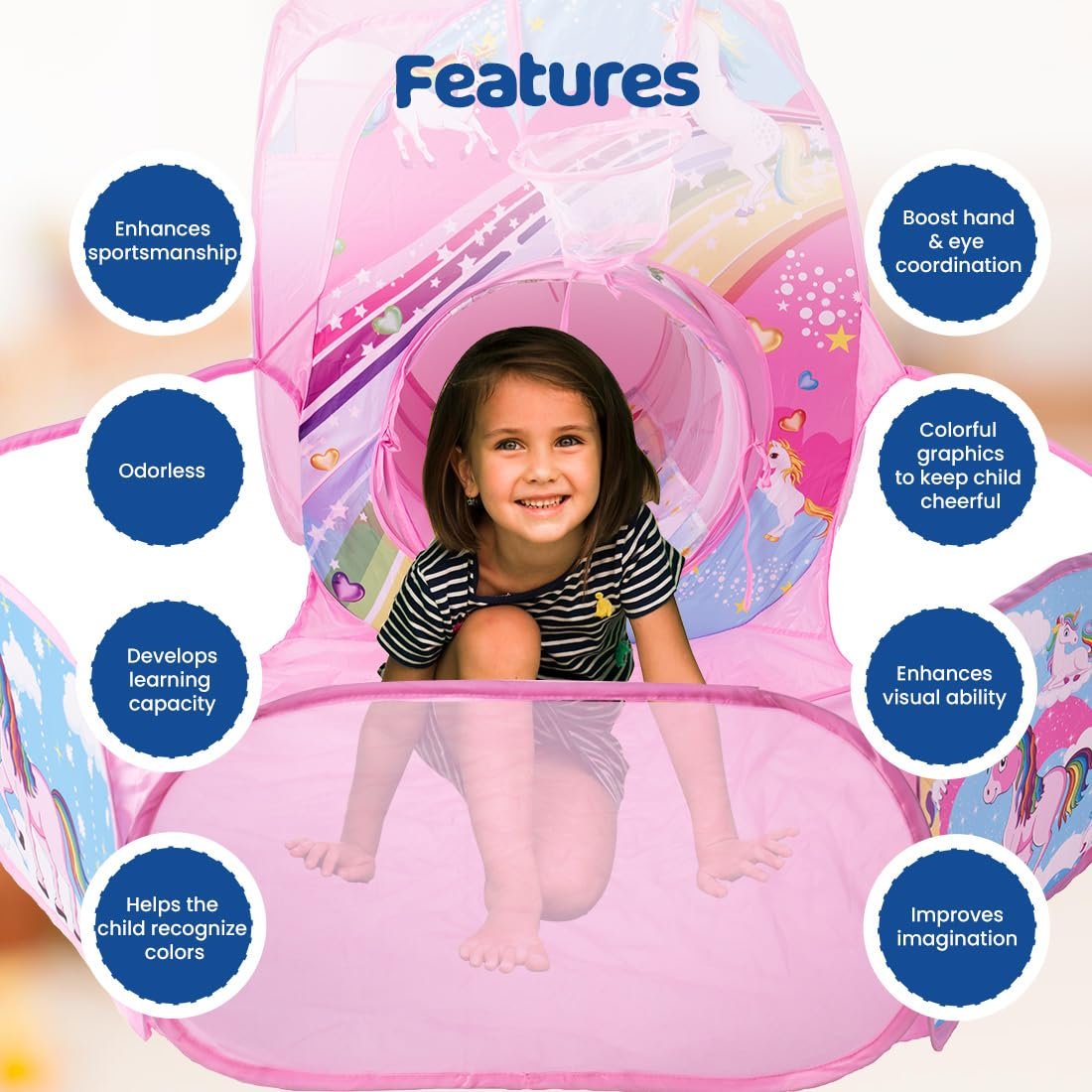 BUMTUM Baby Tunnel 3-in-1 Unicorn Ball Pool Tunnel for Kids 1-5 Years Girls | Boys Toddlers Ball Pit Foldable Tent House for Kids Activity Indoor Outdoor Toys - Balls Not Included | Unicorn Tunnel - Image 3
