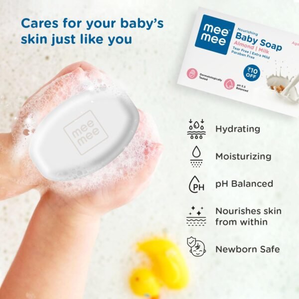Mee Mee Gentle Baby Soap 75g (Pack of 3) | Gentle Bathing Bar Infused with Chamomile, Olive, Almond Oil, and Milk Extracts | Dermatologist Tested for Soft Baby Skin | Tear-Free Formula | Paraben Free - Image 4