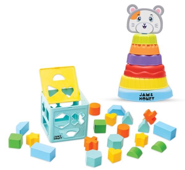 Amazon Brand - Jam & honey Stacking Toys for Kids Age 12+ Months I Sorting & Stacker Game for Kids I 6 Rings & 20 Shapes I Multicolour Toy