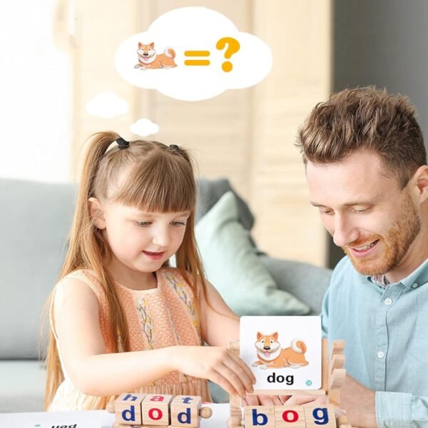 Wooden Reading Blocks,Montessori Toys for Toddlers 2 3 4 Years Old,Flash Cards Turning,Short Vowel Rotating Matching Letters Toy for Kids,Wooden Spelling Toy,Sight Word Games - Image 2