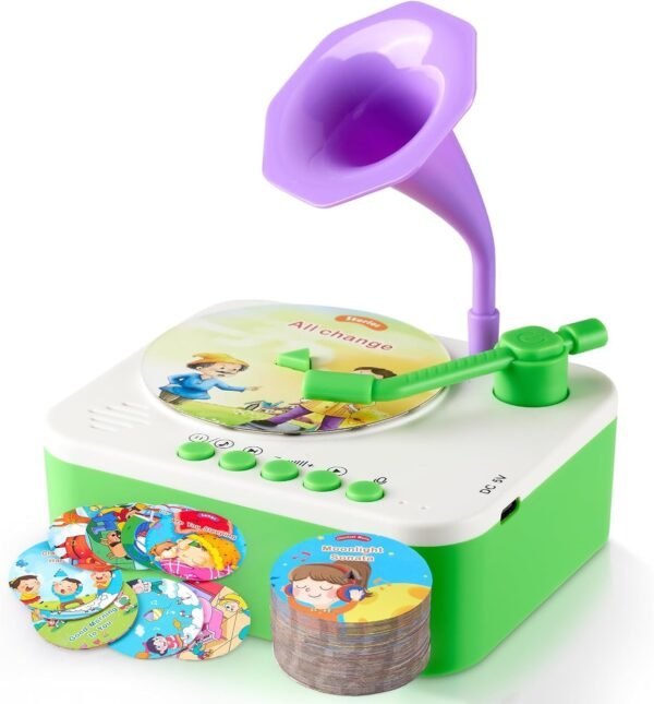 Musical Toys for Toddlers - 99 Cards Bedtime Stories Songs & Music for Kids for Screen Free Fun & Learning- Classical Gramophone for Kids 3-6 Years- Green